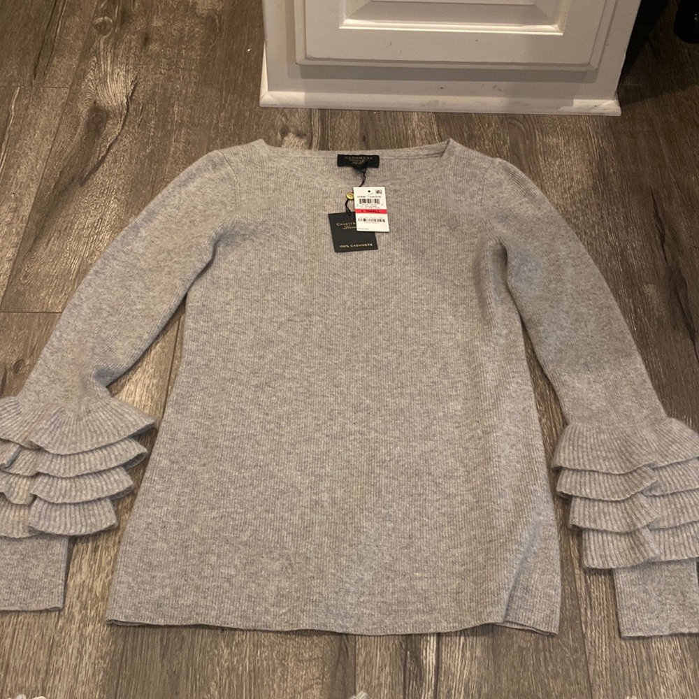Cashmere, Charter Club Sweater, Grey with Ruffled Sleeves, Womens XS with Tags